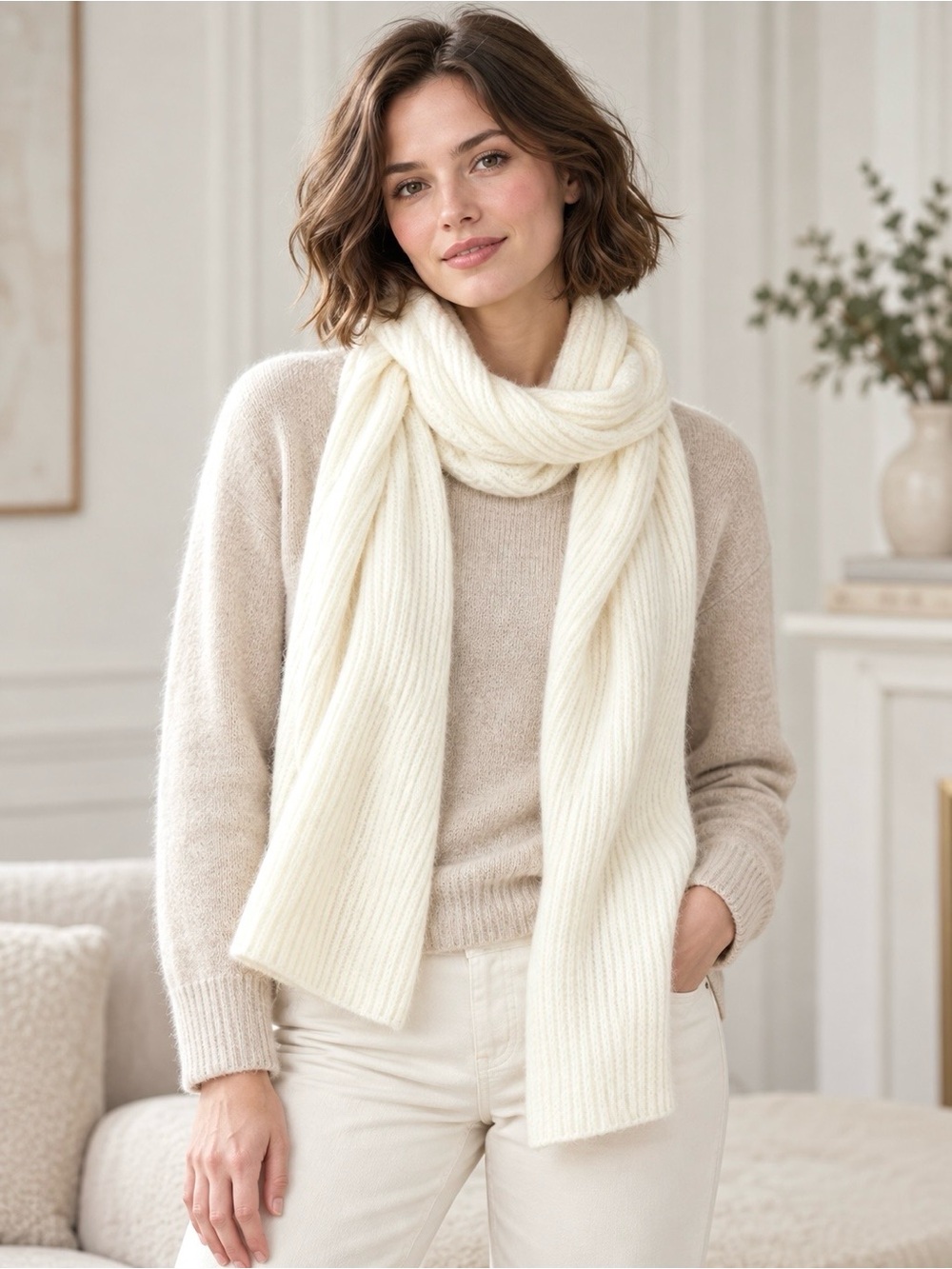 J. Crew Knit Scarf Textured Vertical Stitch Pattern Ribbed Off-White Warm Cozy